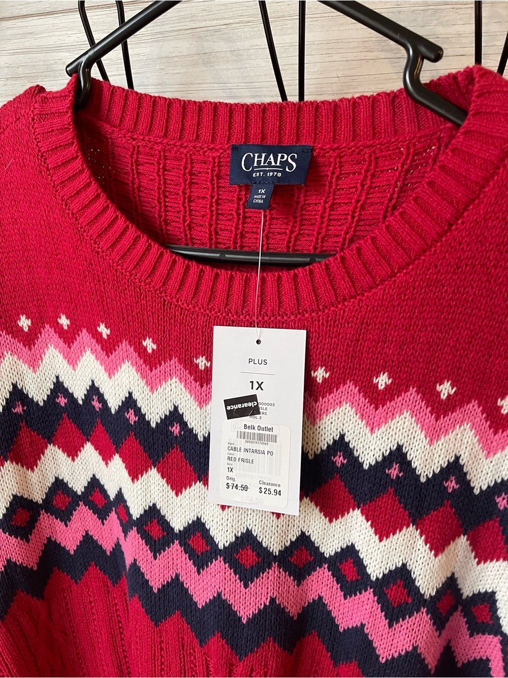 Chaps Red Pink Fair Isle Crewneck Sweater